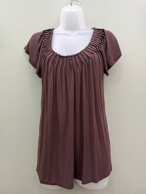 Cable & Gauge Brown Pleated Tunic Top Small Y2K Flutter Sleeve Stretch